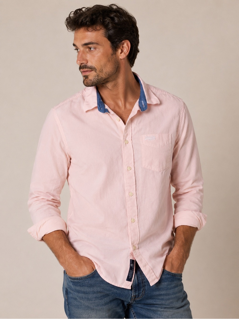 Superdry Shirt Shop Mens Medium Pink Button Down Long Sleeve Embroidered Casual